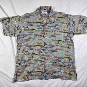 Columbia Mens Large Brown Multicolor Fish Print Short Sleeve Button Up Shirt